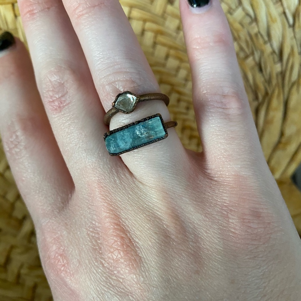 Raw Herkimer diamond and aquamarine copper rings